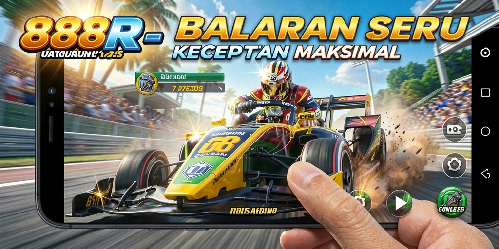Tampilan gameplay seru di <strong>888R</strong> dengan mobil balap yang melaju kencang.