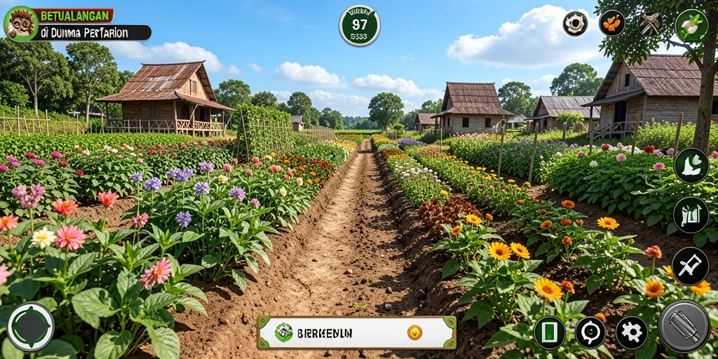 Tampilan gameplay seru dengan ladang subur dan hewan peliharaan.