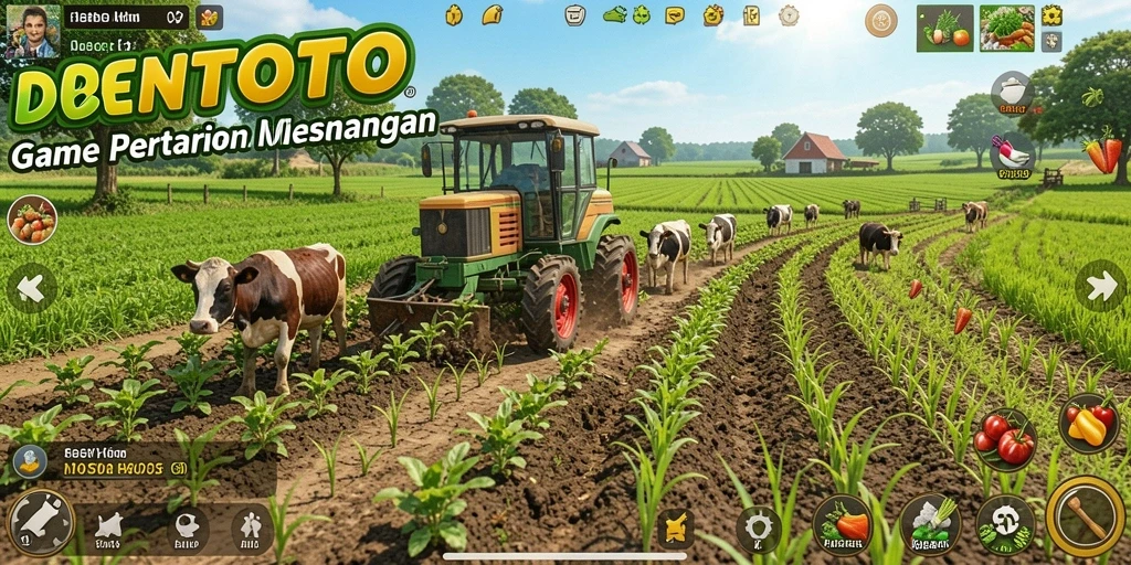 Tampilan gameplay DENTOTO dengan petani dan kebun yang rapi.