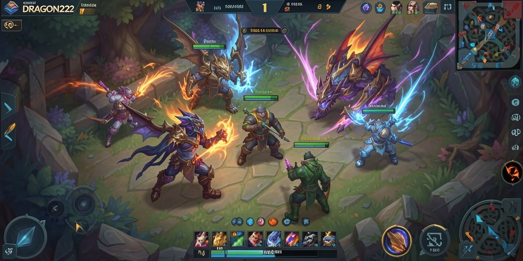 Tangkapan layar gameplay DRAGON222 menampilkan pertempuran seru dan karakter unik.