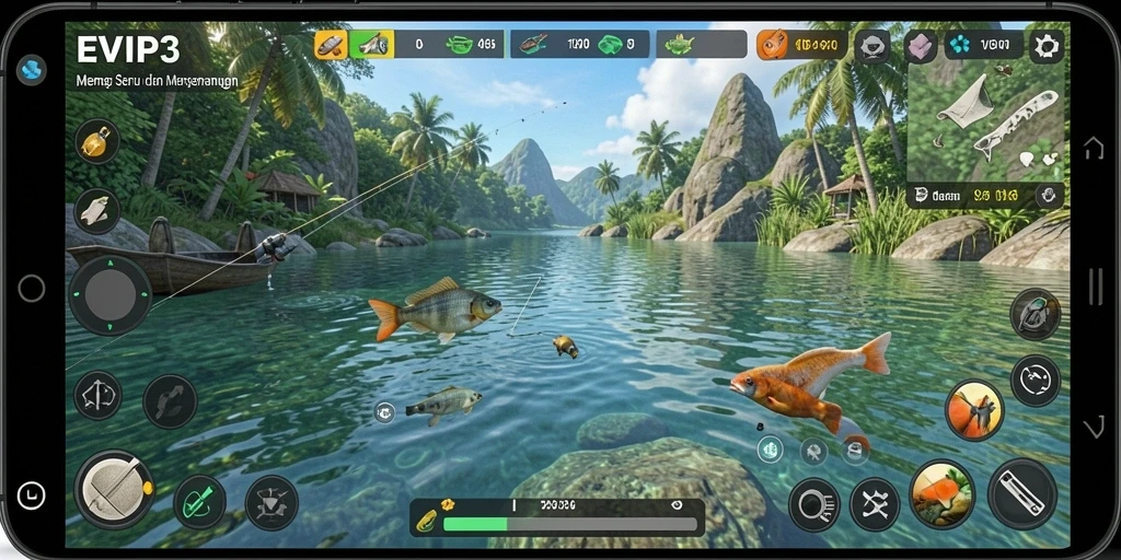 Screenshot gameplay EVIP3 menampilkan berbagai lokasi memancing yang indah.