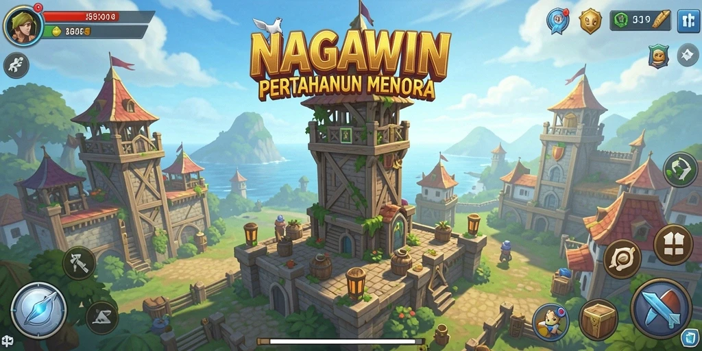 Gameplay NAGAWIN menampilkan strategi menara yang mendebarkan.