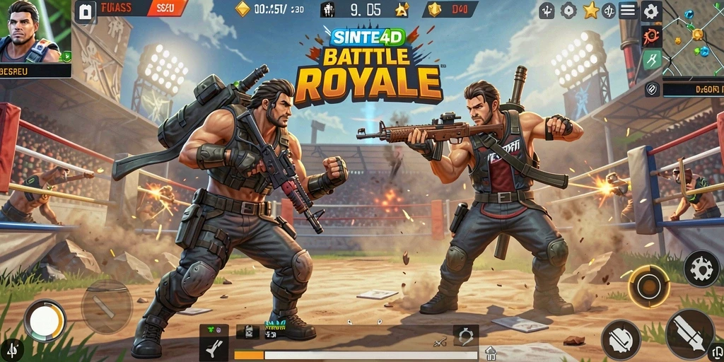 Tampilan intens gameplay SINTE4D yang mendebarkan di arena Battle Royale.