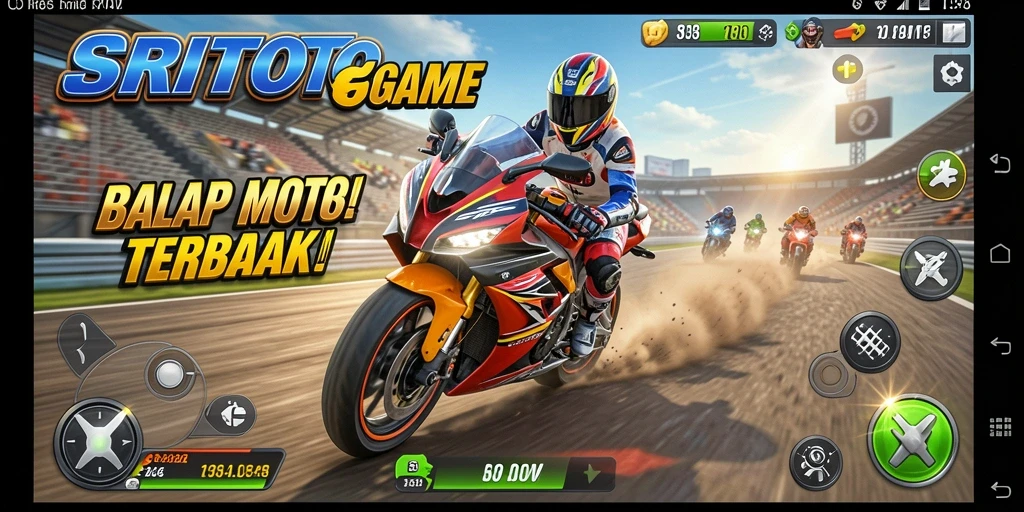 Screenshot gameplay SRITOTO menampilkan balapan motor yang seru.